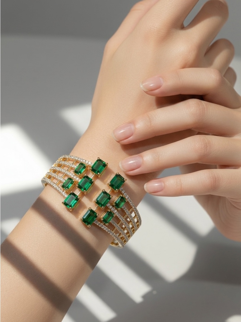 Gold and Emerald Green Multi-Row Gemstone Cuff Bracelet - Women Jewelry